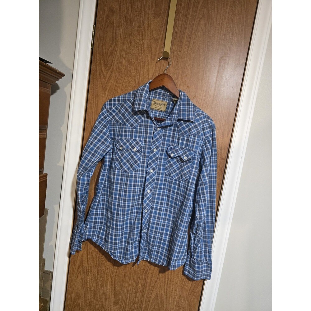 Wrangler Retro Men's Western Pearl Snap Shirt Blue Plaid Long Sleeve Size Large
